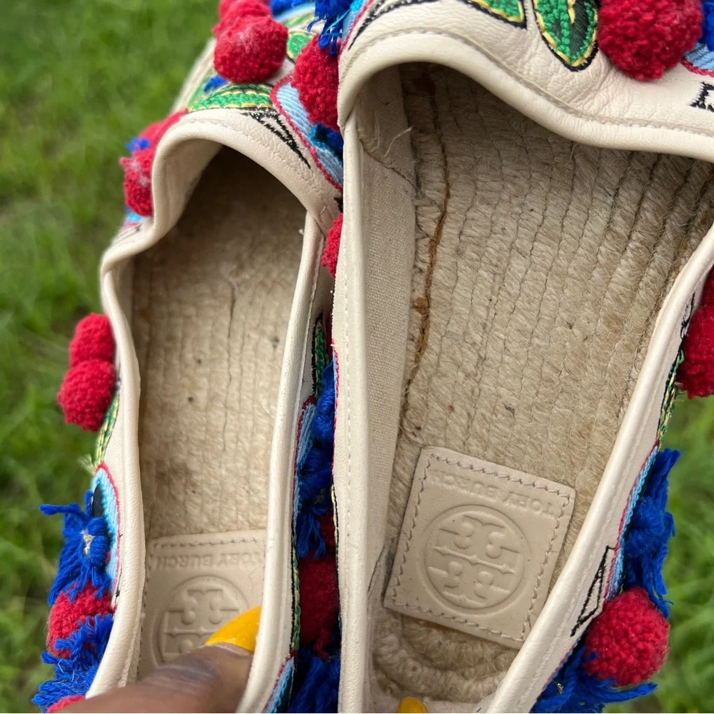 Tory Burch Ellis Pom Pom Embroidered Espadrille Flats Leather Textile Shoes 7.5 - Picture 8 of 11